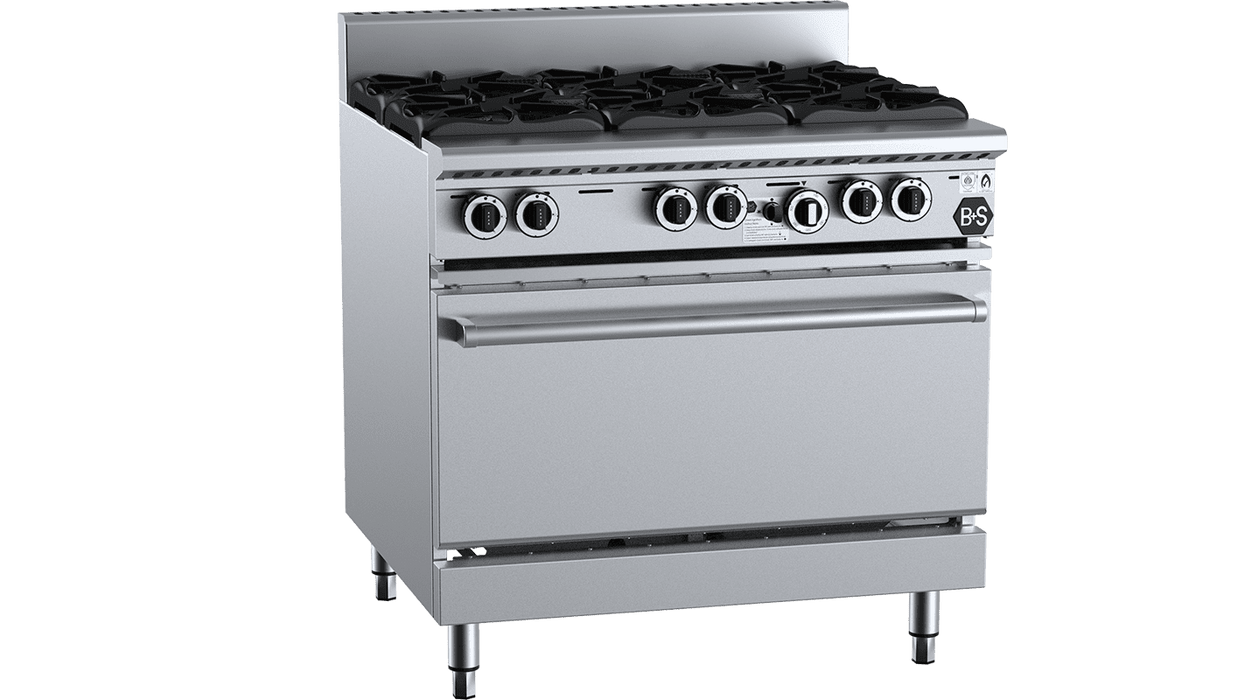 B&S Black 6 Burner Oven Range